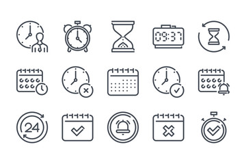 Poster - Time and date related line icon set. Alarm and timer linear vector icon collection. Hourglass and calendar outline icons.