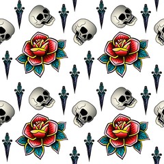 Poster - Old school retro vintage doodle tattoo seamless pattern.Rose, skull. knife.continuous openwork emblems symbols.Vector line art oldschool tattoo illustration. Best for printing wrapping paper