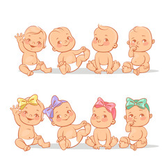 happy little babies sit, play, waving hands, smiling.