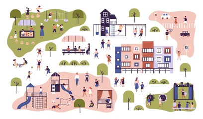 children at modern kindergarten. preschool classes having outdoor activities. kids playing games, ha