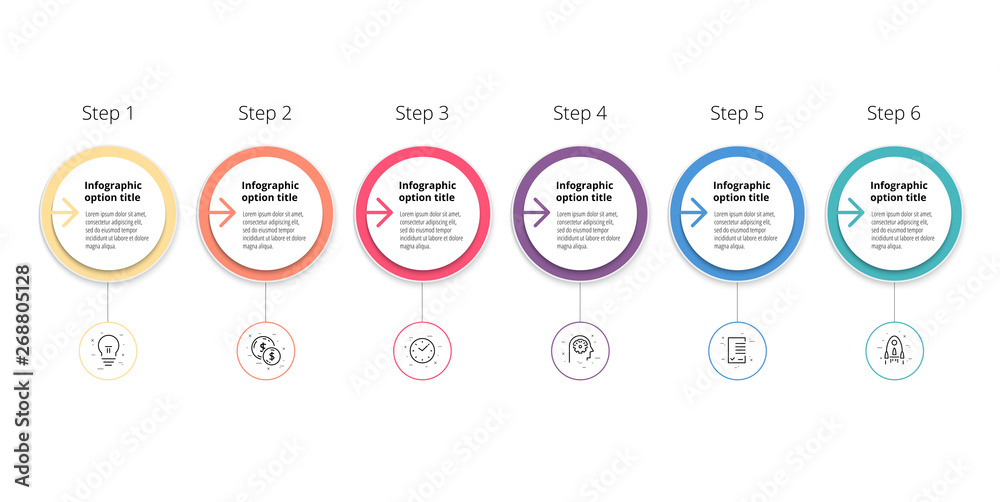 Business process chart infographics with 6 step circles. Circular ...
