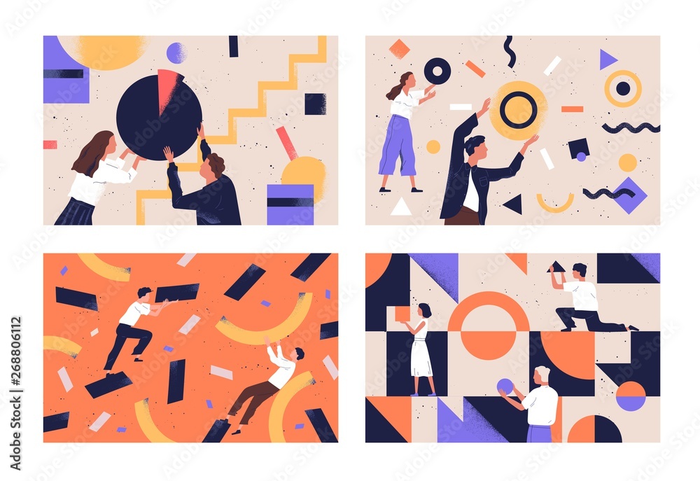 Collection of people organizing abstract geometric shapes scattered around them. Bundle of young men and women collecting figures. Concept of teamwork. Flat vector illustration in contemporary style. - obrazy, fototapety, plakaty 