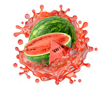 Fresh Ripe Watermelon With Watermelon Slice And Juice Or Smoothie Splash Swirl. Tasty Juice Splashing, Watermelon Blended Smoothie Isolated. Liquid Healthy Food, Drink Fruit Design. 3D