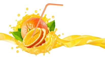 Fresh ripe orange, orange slice with drinking straw and juice or smoothie splash wave. Tasty juice splashing, orange juice isolated. Healthy drink tropical fruit label design element. 3D