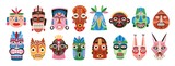 Fototapeta Fototapety na ścianę do pokoju dziecięcego - Collection of traditional ritual or ceremonial African, Hawaiian or Aztec masks shaped after human face or animal's muzzle isolated on white background. Flat cartoon colorful vector illustration.