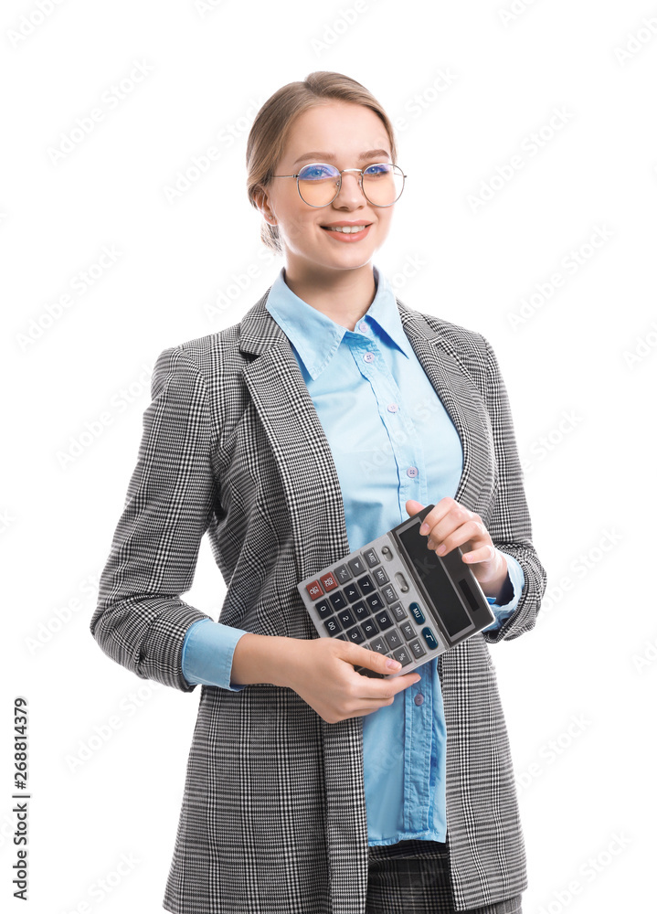 Portrait of female accountant on white background