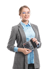 Sticker - Portrait of female accountant on white background