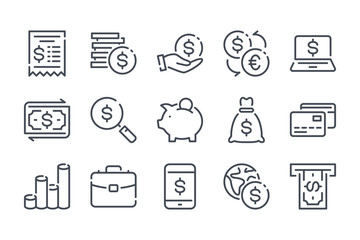 Wall Mural - Finance and banking related line icons. Money and payment vector linear icon set.