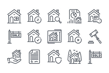 Poster - Real Estate related line icons.  Area and mortage vector linear icon set.