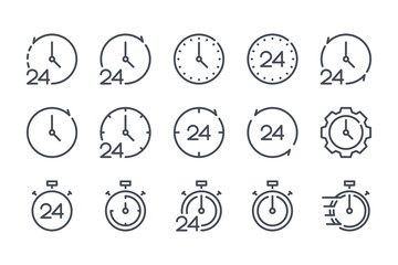 Poster - Clock and time related line icons.  Watch and stopwatch vector linear icon set.