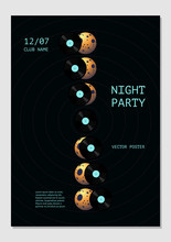 Music Poster With Vinyl Record And Moon Phases. Dance Festival Background For Night Club. Vector Illustration With Crescent.