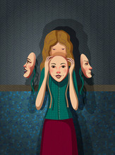 Girl And Masks Of Faces. Conceptual Illustration With Various Emotions. Life Is A Theater. All People Pretend And Lie..