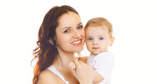 Portrait Close-up Happy Smiling Mother Holding Her Baby Isolated On White Background