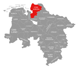 Naklejka na meble Cuxhaven county red highlighted in map of Lower Saxony Germany