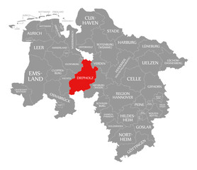 Naklejka na meble Diepholz county red highlighted in map of Lower Saxony Germany