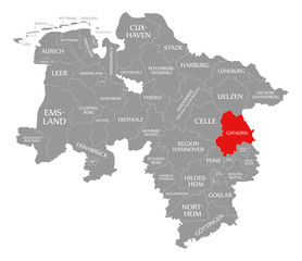 Naklejka na meble Gifhorn county red highlighted in map of Lower Saxony Germany