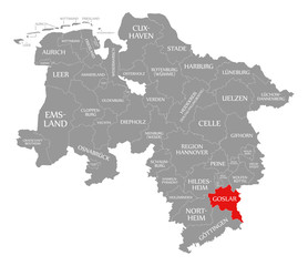 Naklejka na meble Goslar county red highlighted in map of Lower Saxony Germany