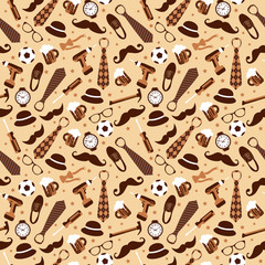 Seamless pattern of Fathers day. Flat set icons on beige background.