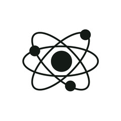 Atom icon. Vector illustration. Symbol of science, education, nuclear physics, scientific research. Three electrons rotate in orbits around atomic nucleus. Concept of elementary particles design.