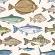 Elegant seamless pattern with different types of fish on light background. Backdrop with marine or freshwater animals, aquatic creatures. Hand drawn vector illustration in vintage style for wallpaper.