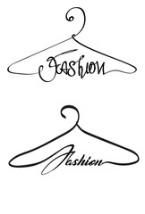 Creative fashion style logo design. Vector sign with lettering and hanger symbol. Logotype calligraphy