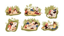 Collection Of Young And Elderly People At Picnic. Bundle Of Happy Men, Women And Children Eating Meals Outdoors. Set Of Friends, Families And Couples Having Lunch. Flat Cartoon Vector Illustration.