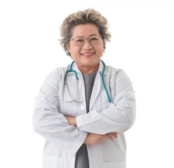 Happy smiling and confident asian senior professional doctor with stethoscope in white isolated background