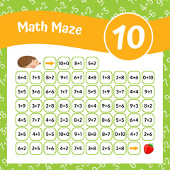 math maze addition worksheet. educational game. mathematical puzzle. vector illustration.