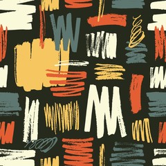 Poster - Cool seamless pattern with yellow, red, blue brushstrokes on black background. Vibrant backdrop with rough paint traces or artistic daub. Stylish vector illustration for wrapping paper, fabric print.