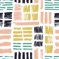 Poster - Seamless pattern with bright colored brush strokes on white background. Creative backdrop with rough paint marks or scribble. Contemporary vector illustration for wrapping paper, textile print.
