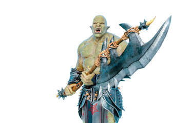 green orc holding a huge axe in a white background