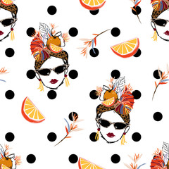 Wall Mural - Beautiful hand sketch tropical havana women summer vibes with fresh fruit seamless pattern in vector on modern polka dots design for fashion,fabric,web,wallpaper and all prints