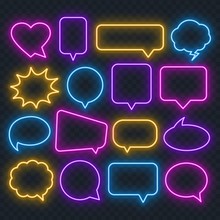 Neon Speech Bubble On A Transparent Background. Bright Light Frames For Quotes And Text. Vector.