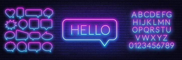 Poster - Neon sign of word hello in speech bubble frame on dark background.Set of neon speech bubbles and the alphabet on a dark background. Template for design.