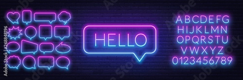 Fotomural Neon sign of word hello in speech bubble frame on dark background