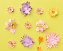 Summer Colorful Pattern With Handmade Paper Flowers On Yellow Pa