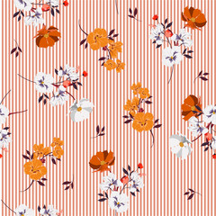 Wall Mural - Summer full of blooming flowers and leaves bright mood on orange stripe seamless pattern