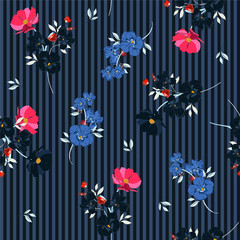 Wall Mural - Trendy Seamless pattern beautiful full of blooming flowers and leaves dark mood