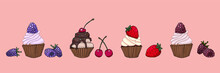 Decor With Tasty Delicious Cupcakes With Berries In Modern Design Illustration