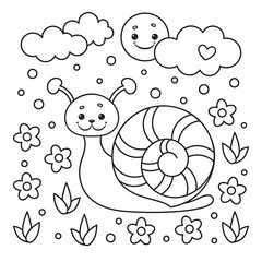 Coloring page for kids with snail, flower, sun, clouds and rain. Vector Illustration.