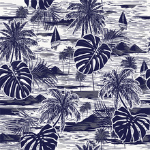 Monotone Vector Hand Drawn On Navy Blue Seamless Island Pattern On White Background.