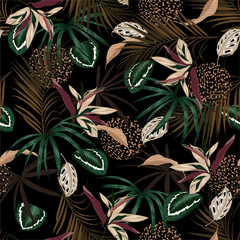 Dark Tropical jungle and colorful palm leaves, exotic palnts with animal skin seamless pattern vector floral  design for fashion,fabric,web,wallpaper,and all prints