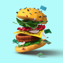 Big Burger As The Symbol, Made From Technological Elements With Laconic Accents Of Electronic Informational Details On Blue Background. Concept Of Technologic Start-ups In A Modern American Culture.