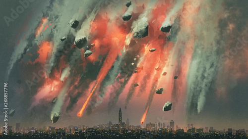 Cuadros en Lienzo sci-fi scene of the meteorites explodes in the sky above the city, digital art s