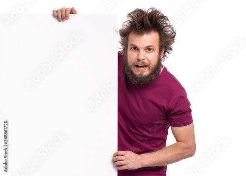 Crazy Bearded Man With Funny Haircut Showing Empty Blank