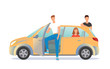 Car sharing illustration. Young people are ready to move off.