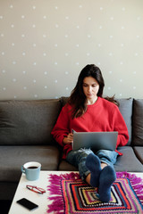 Young woman making online shopping with her laptop sitting on the sofa in the living room