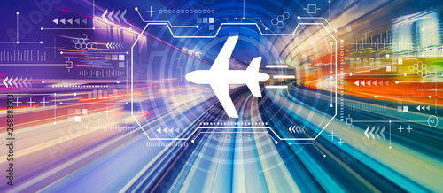 Cuadros en Lienzo Airplane travel theme with abstract high speed technology POV motion blur