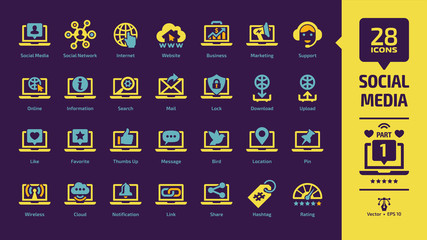 Social media network yellow icon set part 1 on a violet background with global internet web site, digital business and marketing technology, message, share, like & favorite, thumbs up glyph sign.