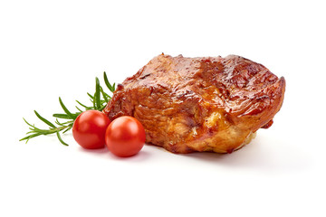 Baked pork roast, Christmas fried spicy galzed meat, close-up, isolated on white background